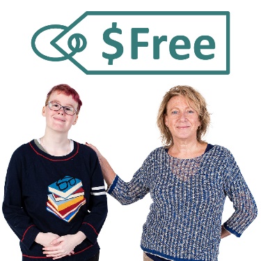 A person supporting someone beneath a price tag that says 'free'.