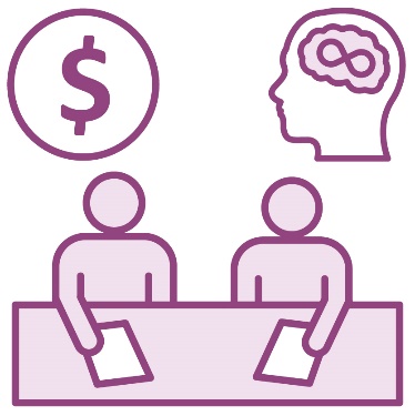 2 people sitting at a table with documents in front of them. There is a money icon and an autism icon above them.