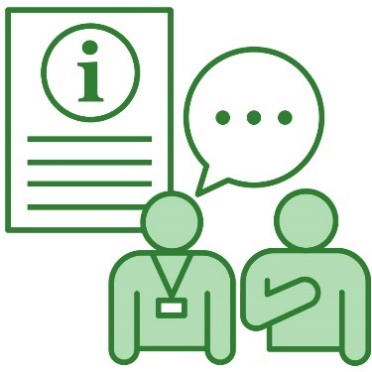 A document with an information icon on it next to a person wearing a lanyard supporting someone.