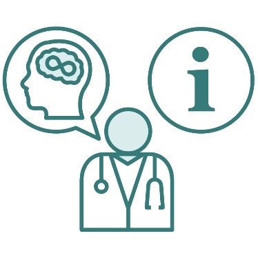 A doctor next to a speech bubble with an autism icon in it and an information icon.