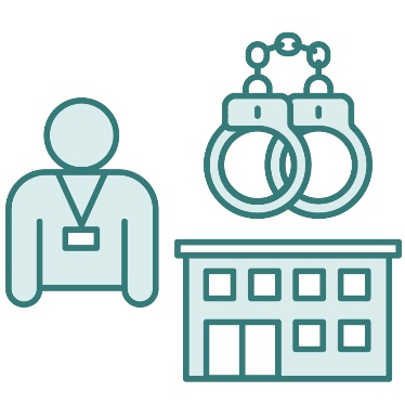 A person wearing a lanyard next to a pair of handcuffs and an out-of-home care building.