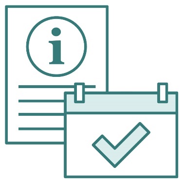 A document with an information icon on it and a calendar with a tick on it.