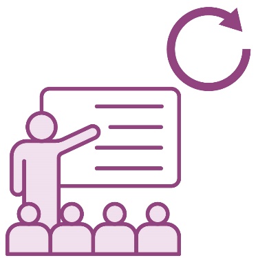 A classroom next to an update icon.