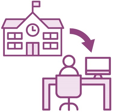 A school building with an arrow pointing to a person working a desk.