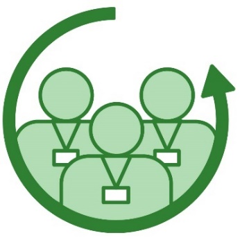 A group of 3 people wearing lanyards. There is an arrow circling around them to show that they are all included.