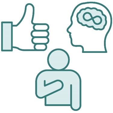 A thumbs up icon, an autism icon, and a person pointing to themself.