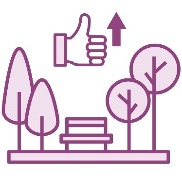 A public park with a bench next to a thumbs up icon with an arrow pointing up.