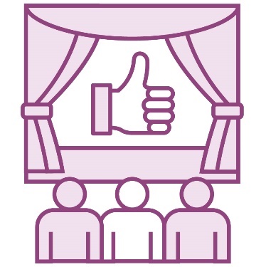 A group of 3 people in a theatre with a thumbs up icon.