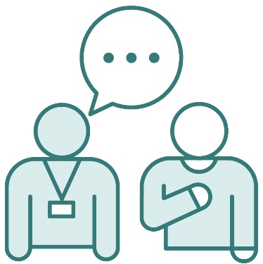 A person wearing a lanyard supporting a person who is pointing to themself. There is a speech bubble above them.