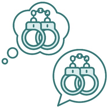 A set of handcuffs in a thought bubble and a set of handcuffs in a speech bubble.