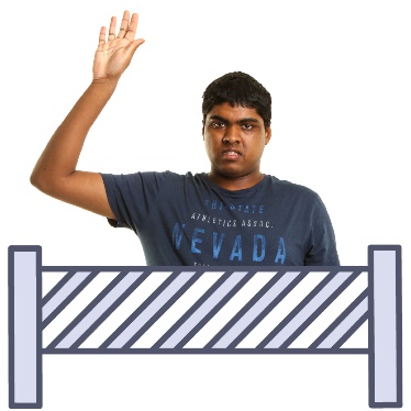 A person raising their hand behind a barrier.