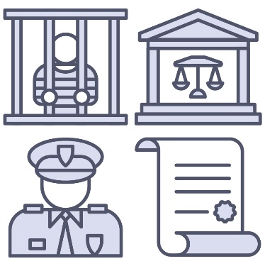 A person in a prison cell, a court room, a police officer, and a law document.