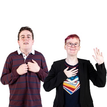 2 Autistic people pointing to themselves and smiling.