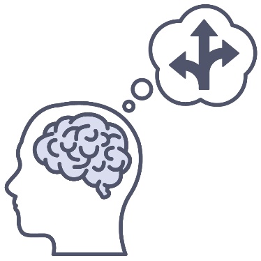 A brain icon beneath an arrow splitting into 3 different directions inside of a thought bubble.