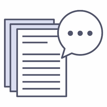 A stack of pages from a document next to a speech bubble.