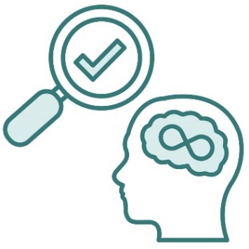 A magnifying glass with a tick in it next to an autism icon.