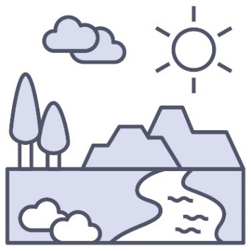 A landscape with mountains, a river, trees, and the sun in the sky.