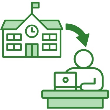 A school building with an arrow pointing to a person working on a laptop.