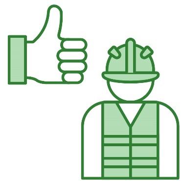 A thumbs up icon next to a person wearing hi-vis and a hard hat.