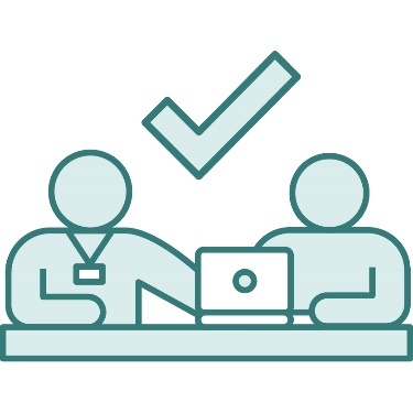 A person wearing a lanyard supporting someone who is using a laptop. There is a tick above them.