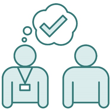 A person wearing a lanyard and supporting someone. There is a tick in a thought bubble above them.