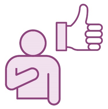 A person pointing to themself next to a thumbs up icon.