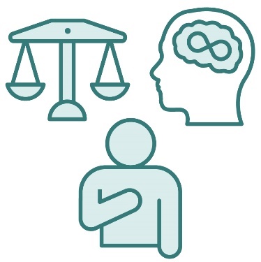 A set of legal scales, an autism icon, and a person pointing to themself.
