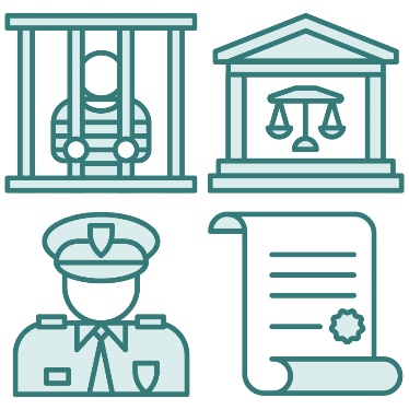 A person in a prison cell, a court room, a police officer, and a law document.