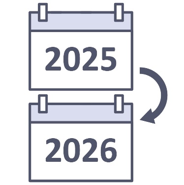 A calendar with 2025 on it and an arrow pointing to a calendar with 2026 on it.