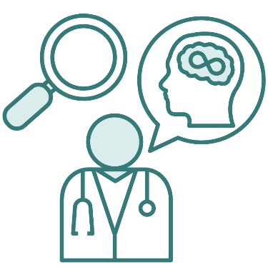A magnifying glass next to a doctor. There is an autism icon in a speech bubble next to the doctor.