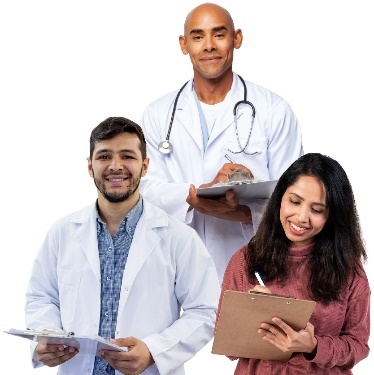 A group of 3 people. 1 of them is a doctor and the other 2 are researchers.