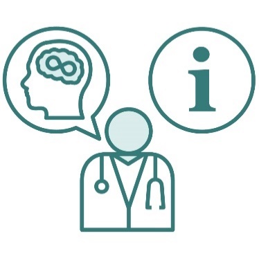 A doctor next to a speech bubble with an autism icon in it and an information icon.
