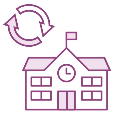 A school building next to a change icon.