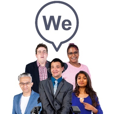 A group of people with a speech bubble above them that says 'We'.