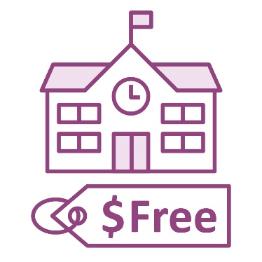 A school building and a price tag that says 'free'.