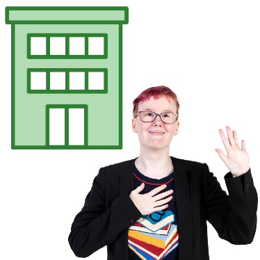 An Autistic person pointing to themself in front of an office building.