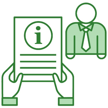 A pair of hands holding a document with an information icon on it next to a person dressed for work.