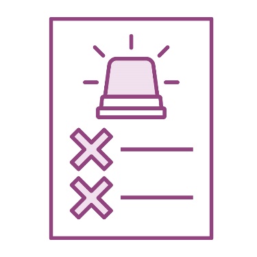 A document with an alarm on it and a list with 2 crosses.