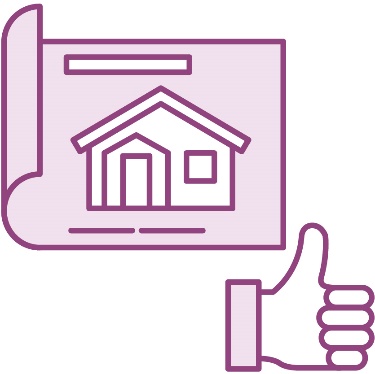 A blueprint with a building on it next to a thumbs up icon.