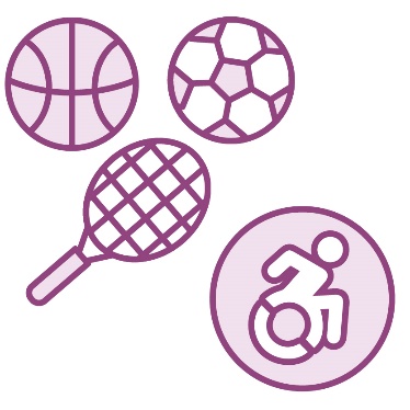 A basketball, tennis racket and soccer ball next to an accessibility icon.