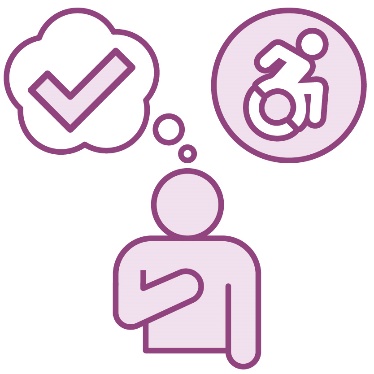 A person pointing to themself. Above them is a speech bubble showing a tick, and a disability icon.