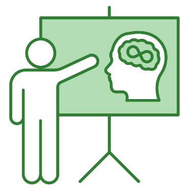 A person pointing to a whiteboard with an autism icon on it.