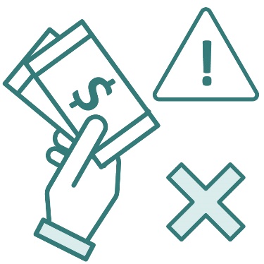 A hand paying money, a problem icon and a cross.