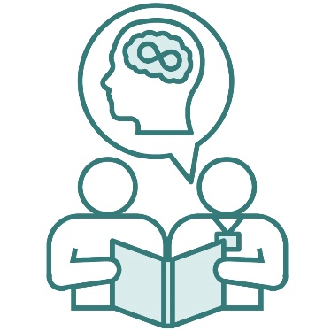 An autism icon in a speech bubble above 2 people looking at a folder together.