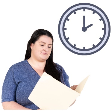A person reading a document next to a clock.