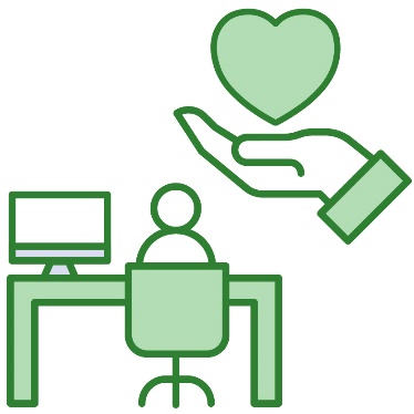 A hand with a heart icon above it next to a person working at a desk.