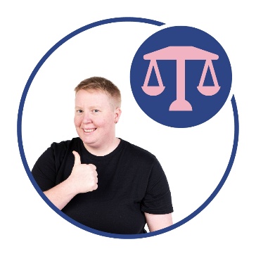 A person pointing to themself. Above them is a balanced scale.