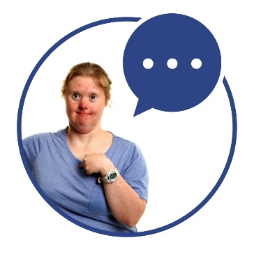 A person with disability pointing to themself. Above them is a speech bubble.