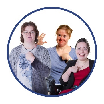 3 women with disability pointing to themselves.