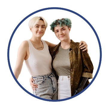 2 LGBTIQA+ people with disability with their arm around each other.